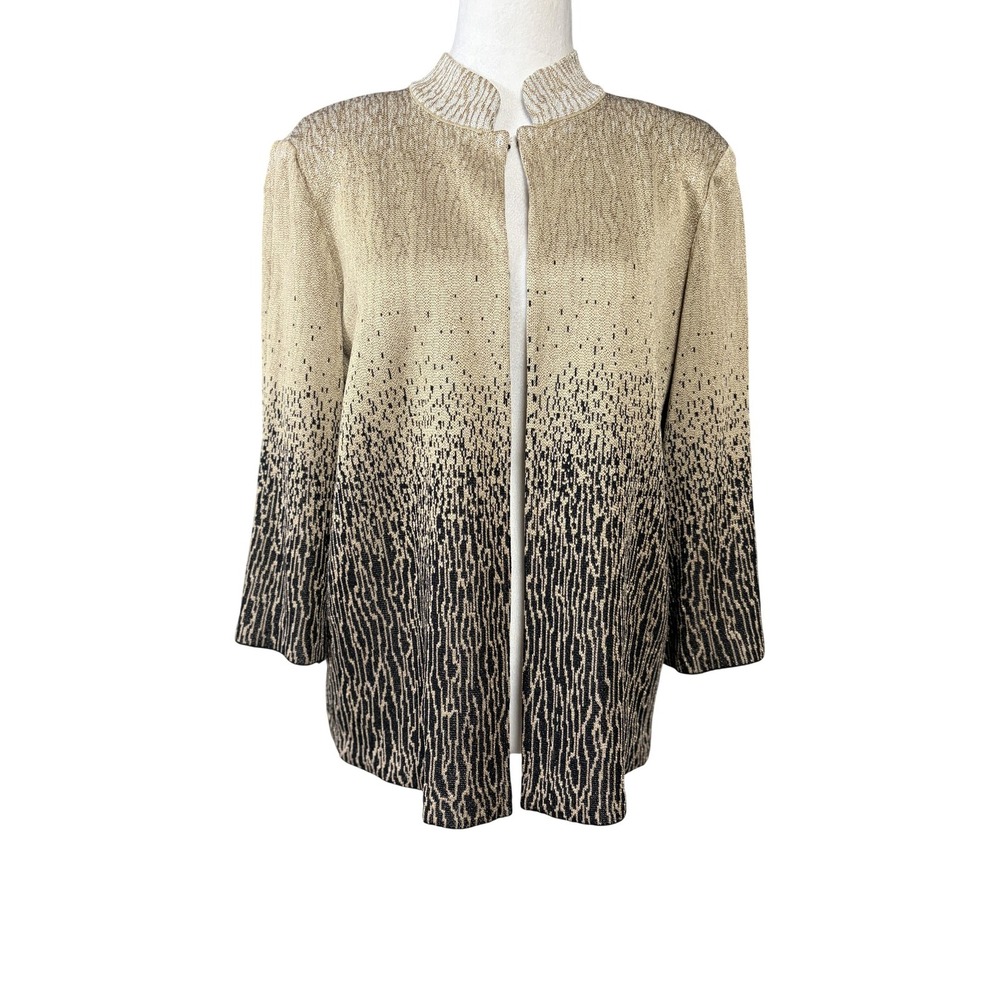 Ming Wang Cardigan Sweater Womens Large Petite Beige Geometric Knit Open Glitter